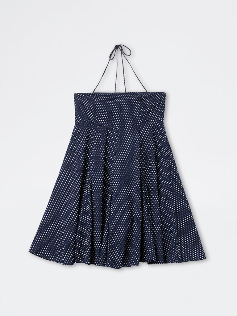 Nuon Navy Polka Dot Halter-Neck A-Line Dress