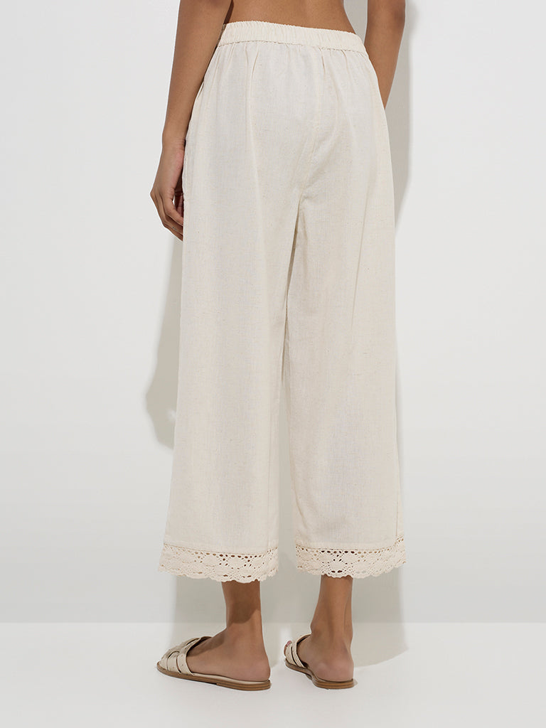 Utsa Off-White Crochet-Detailed Cotton Ethnic Palazzos