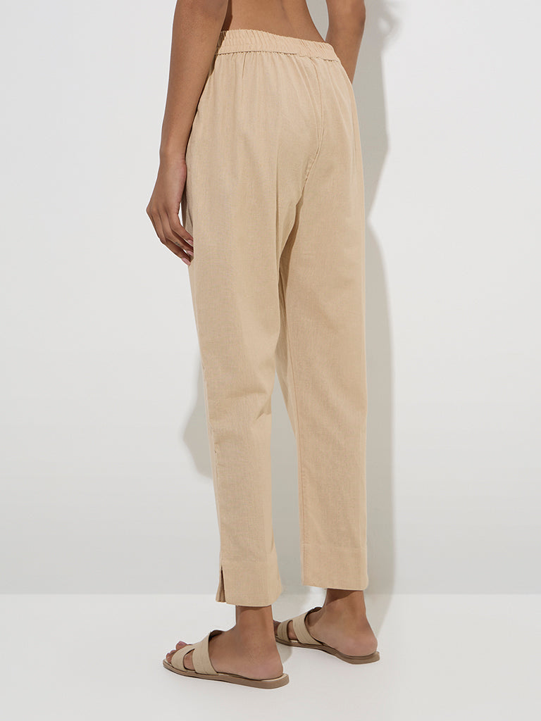 Utsa Beige Solid Cotton Ethnic Pants