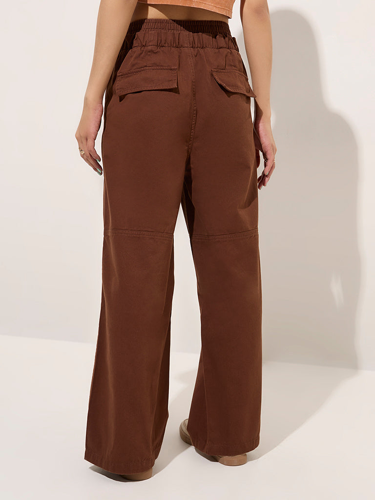 Nuon Dark Brown Wide-Leg High-Rise Cotton Pants