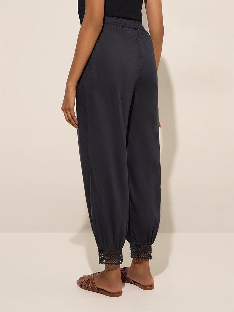 Utsa Black Crochet-Detailed Harem-Style Cotton Pants