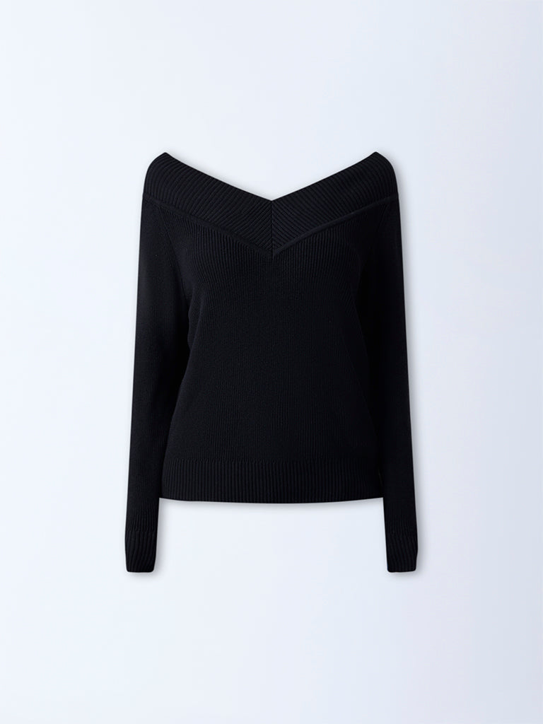 LOV Black Knit-Textured Top