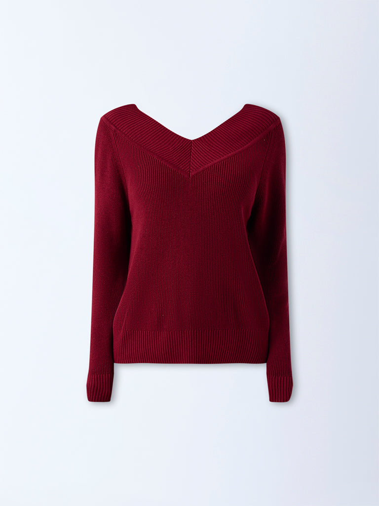 LOV Maroon Knit-Textured Top