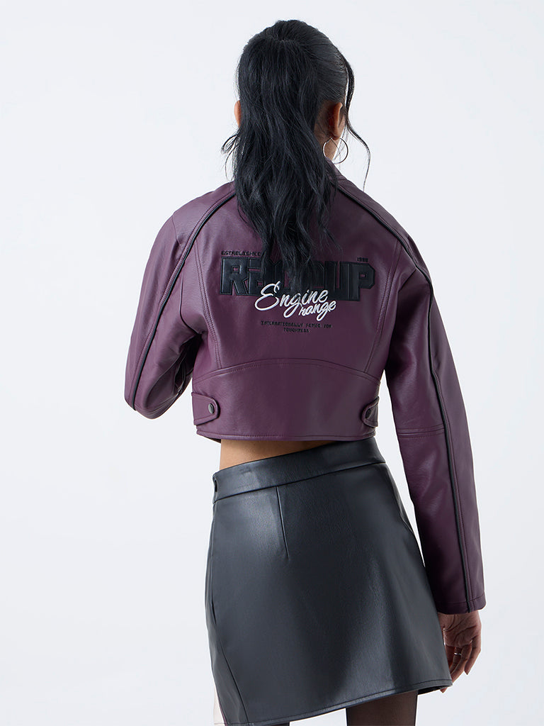 Nuon Plum Typographic Faux-Leather Jacket