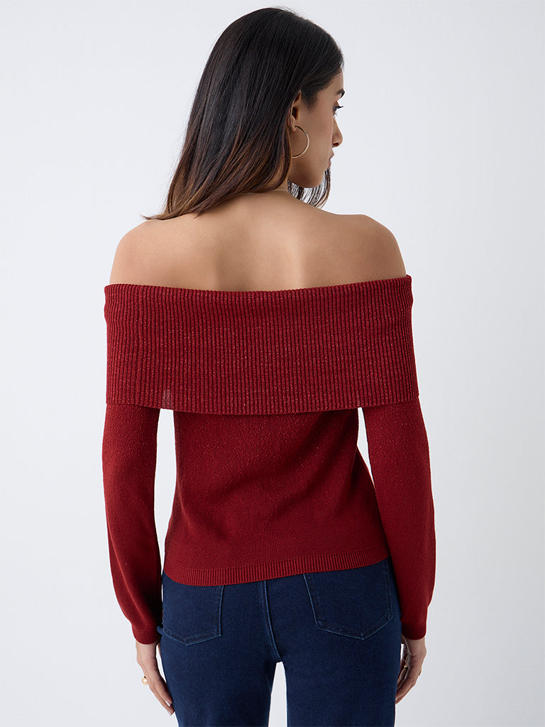 LOV Red Off-Shoulder Knitted Top