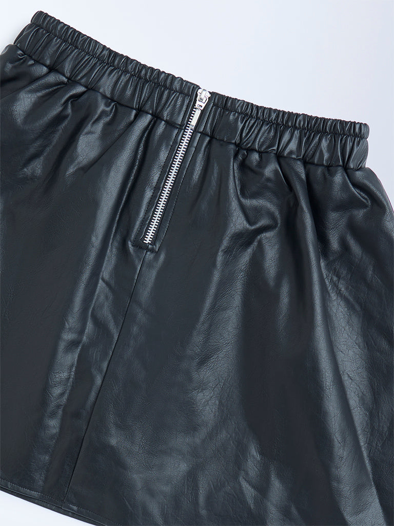 Girls Black High-Rise Leather Skirt