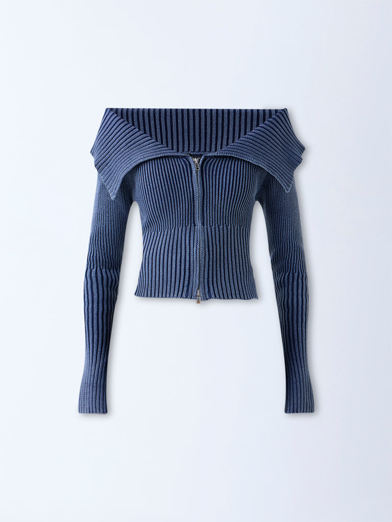 Nuon Dusty Blue Off-Shoulder Ribbed Cotton Top