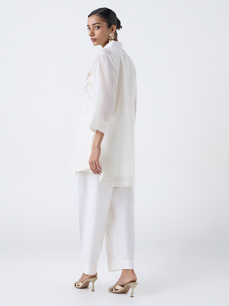 Vark Off-White Floral Embellished Cotton Ethnic Set
