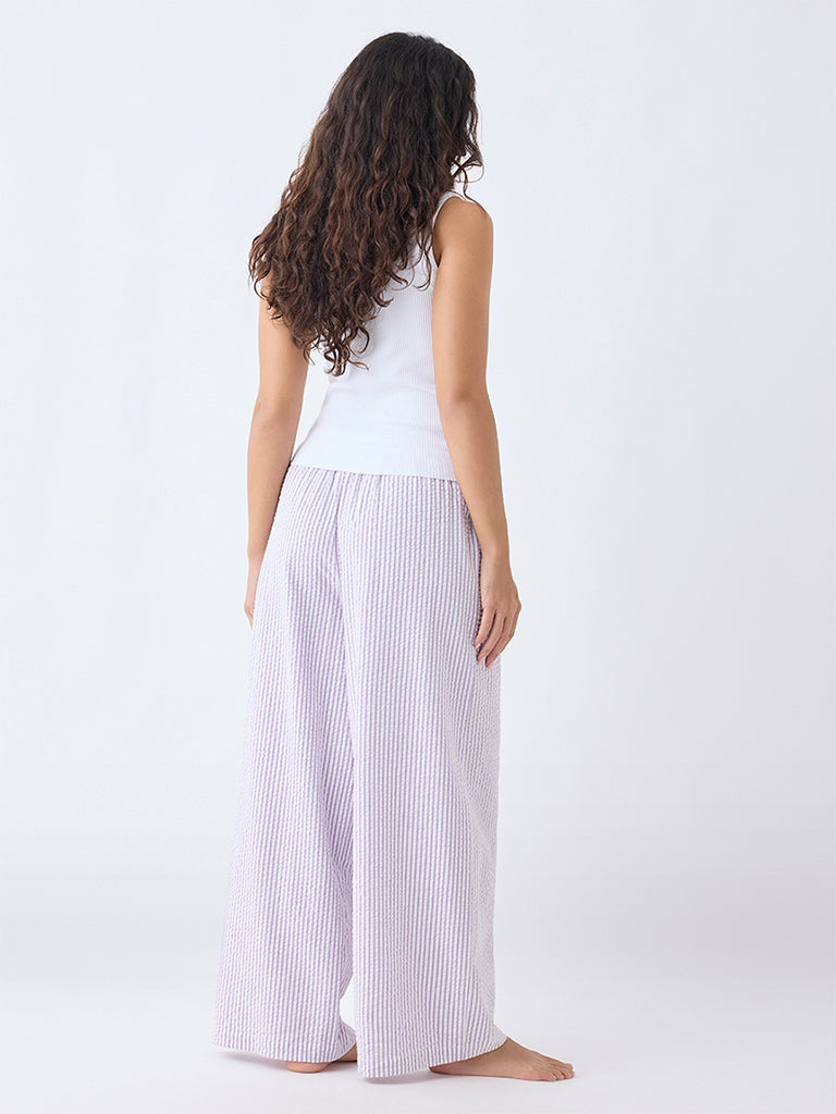 Wunderlove Lilac Seersucker Striped High-Rise Cotton Pants