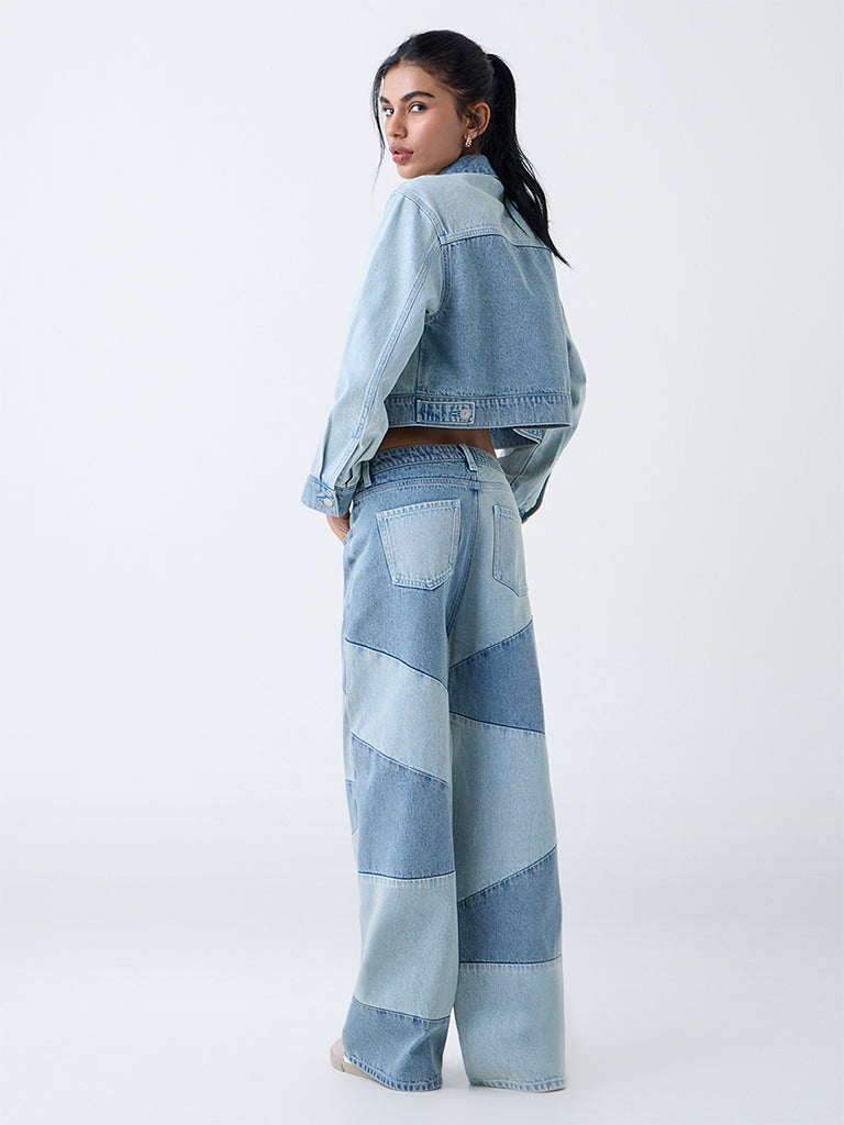 Nuon Blue Colour-Block High-Rise Cotton Jeans