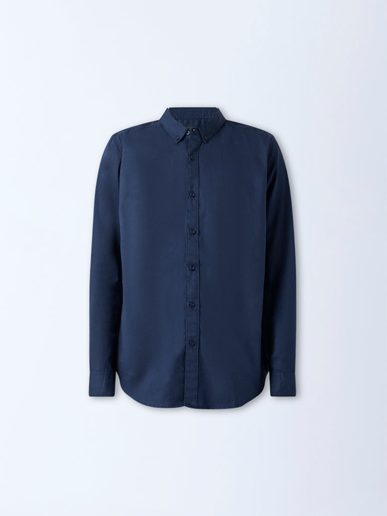 Nuon Navy Solid Slim-Fit Cotton Shirt