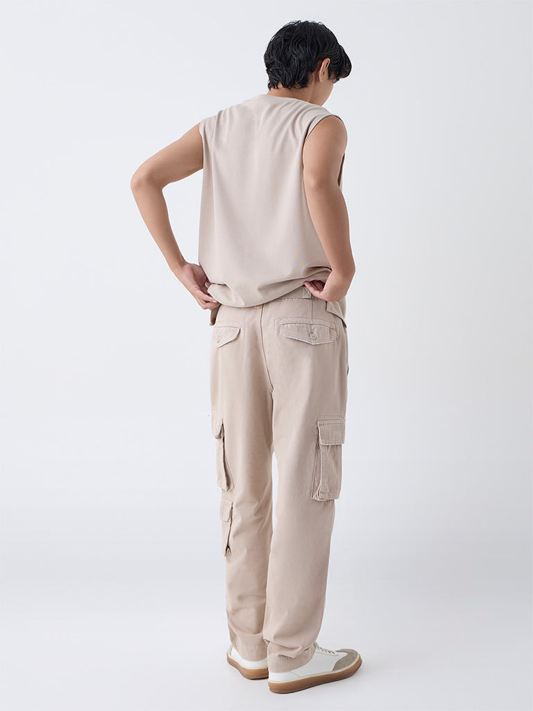 Nuon Beige Cargo-Style Relaxed-Fit Mid-Rise Cotton Pants