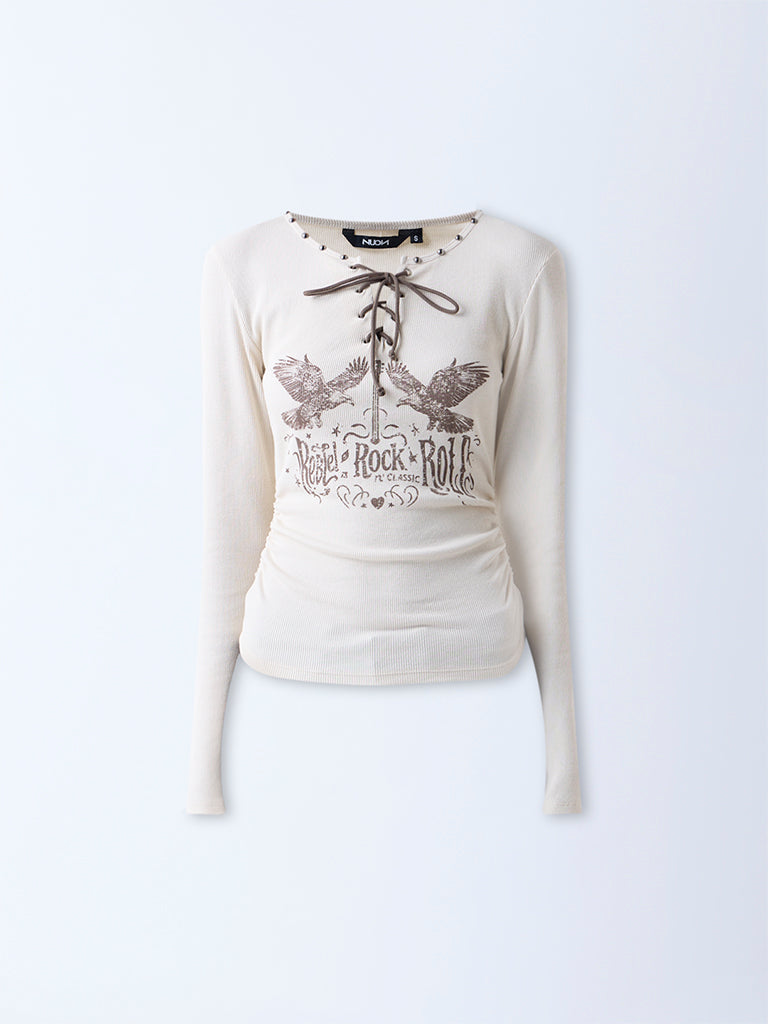 Nuon Beige Printed Cotton-Blend Top