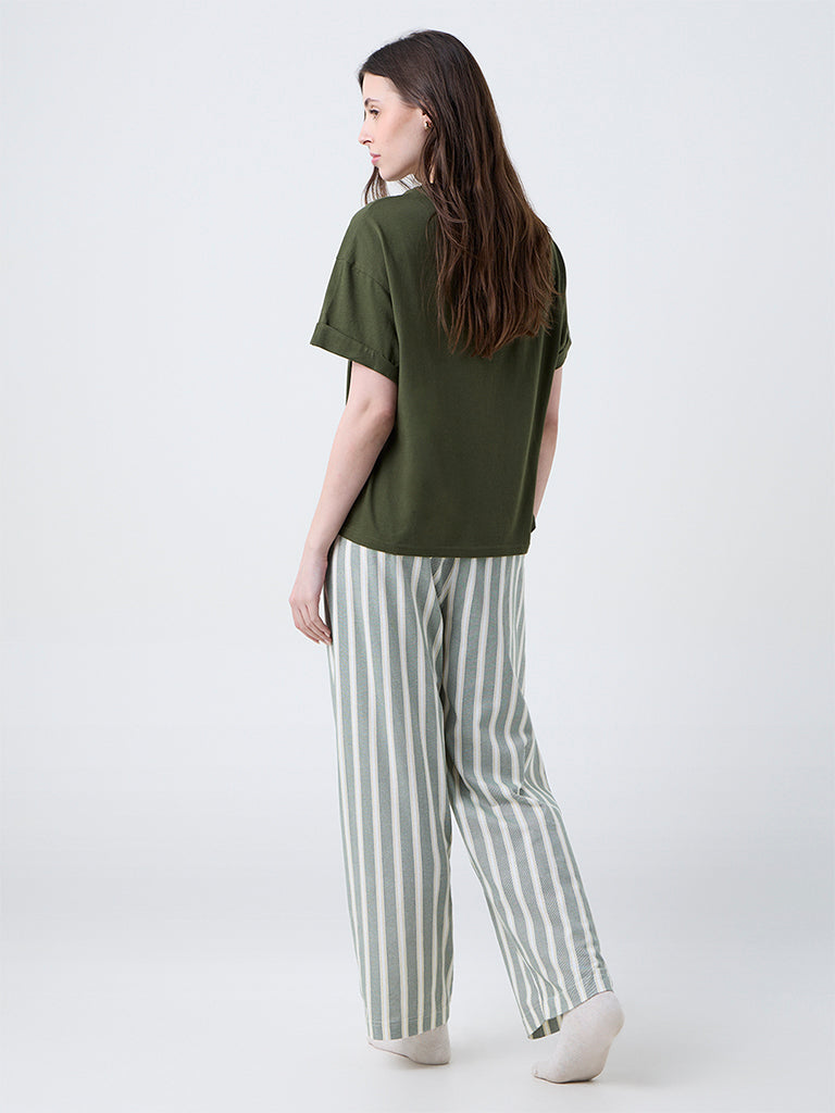 Wunderlove Green Striped Cotton High-Rise Lounge Pants