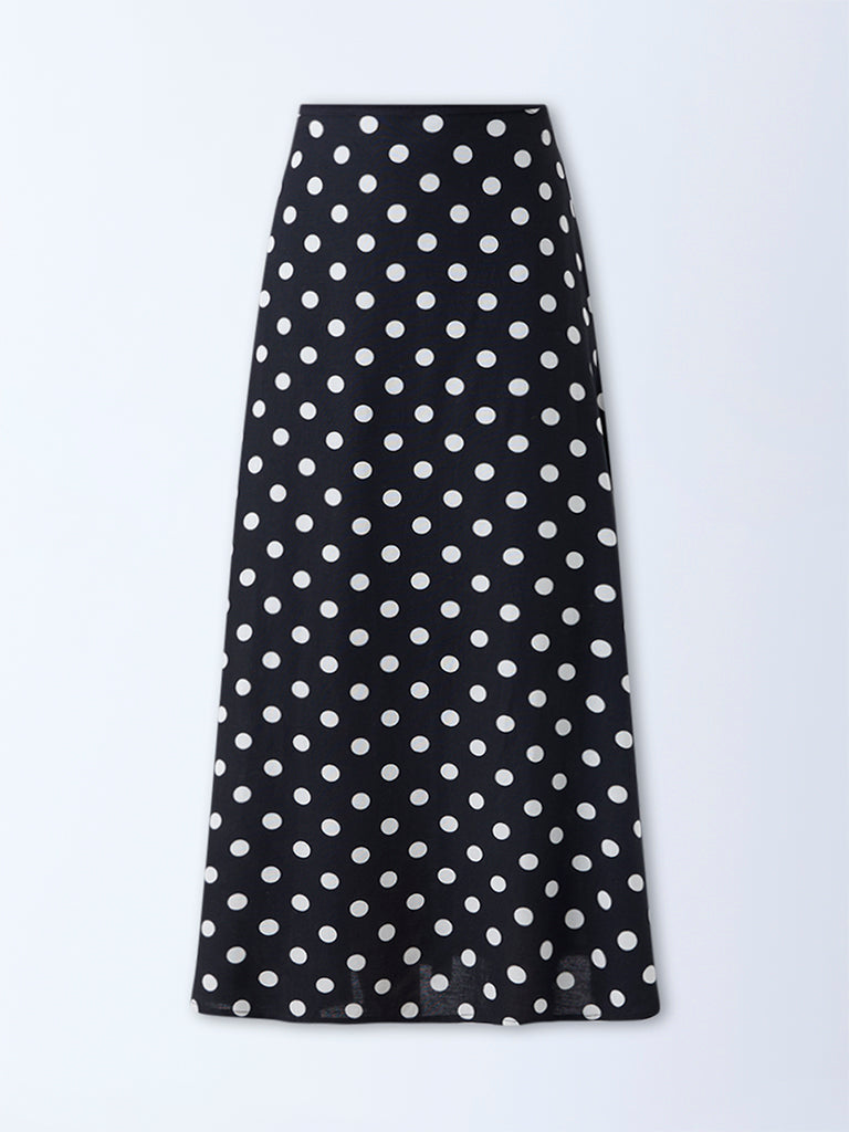 LOV Black Polka Dotted High-Rise Linen-Blend Skirt