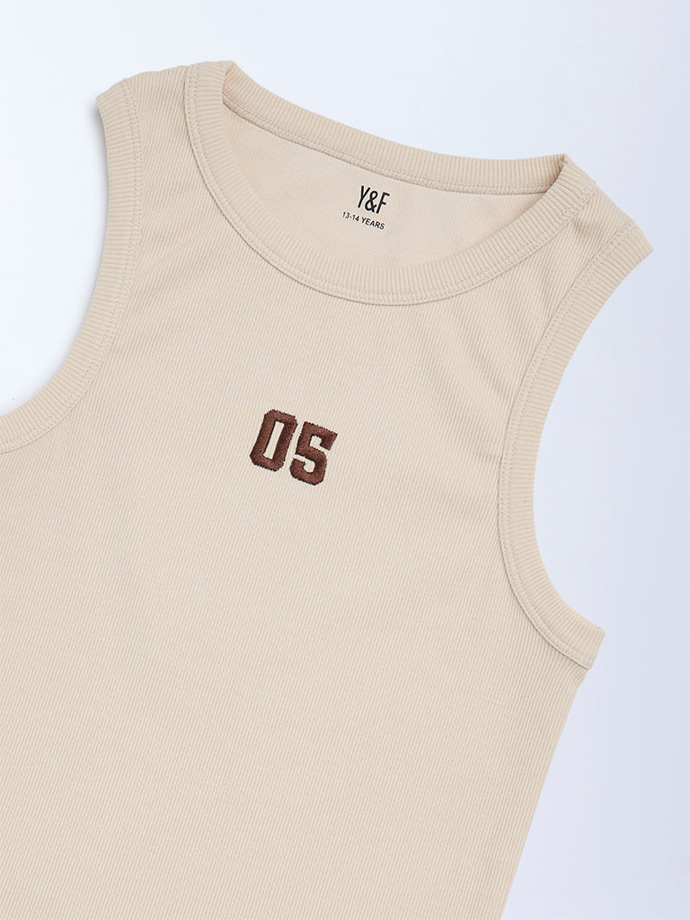 Girls Beige Ribbed-Textured Cotton-Blend Tank Top