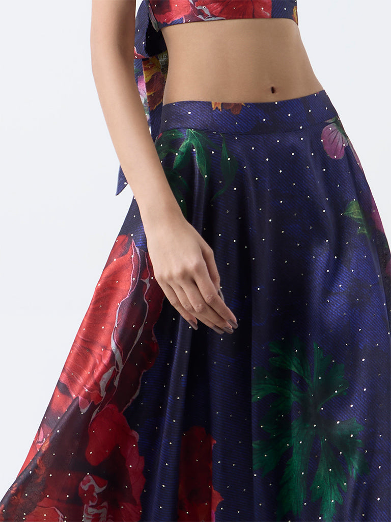 Vark Dark Blue Foliage Design Maxi Skirt