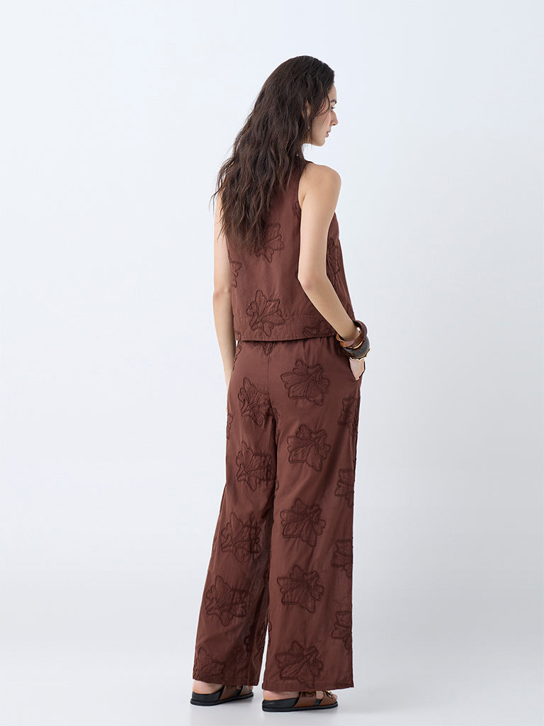 LOV Rust Floral Lace Detailed High-Rise Trousers