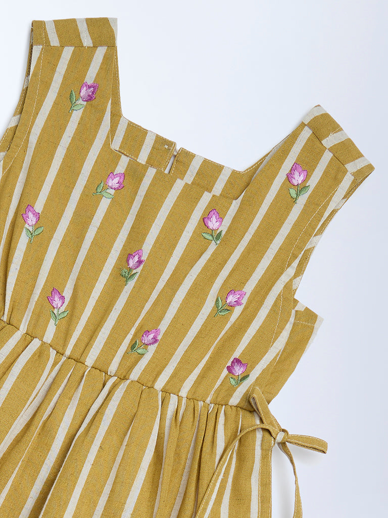 Utsa Kids Girls Mustard Striped A-Line Cotton-Blend Dress - (2 - 8yrs)