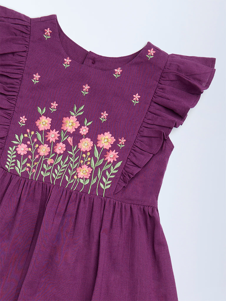 Utsa Kids Girls Purple Floral Embroidered Tiered Cotton-Blend Dress - (2 - 8yrs)