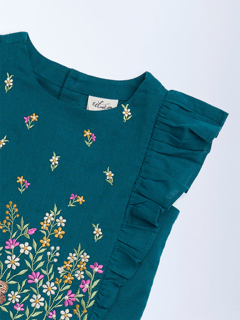 Utsa Kids Girls Teal Floral Embroidered Cotton-Blend Top - (2 - 8yrs)