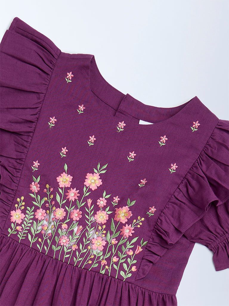 Utsa Kids Girls Purple Floral Embroidered Tiered Cotton-Blend Dress - (8 - 14yrs)