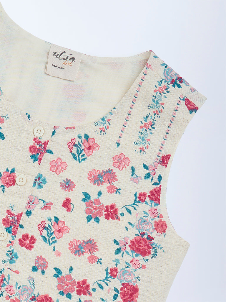 Utsa Kids Girls Off-White Floral Cotton-Blend Waistcoat - (8 - 14yrs)