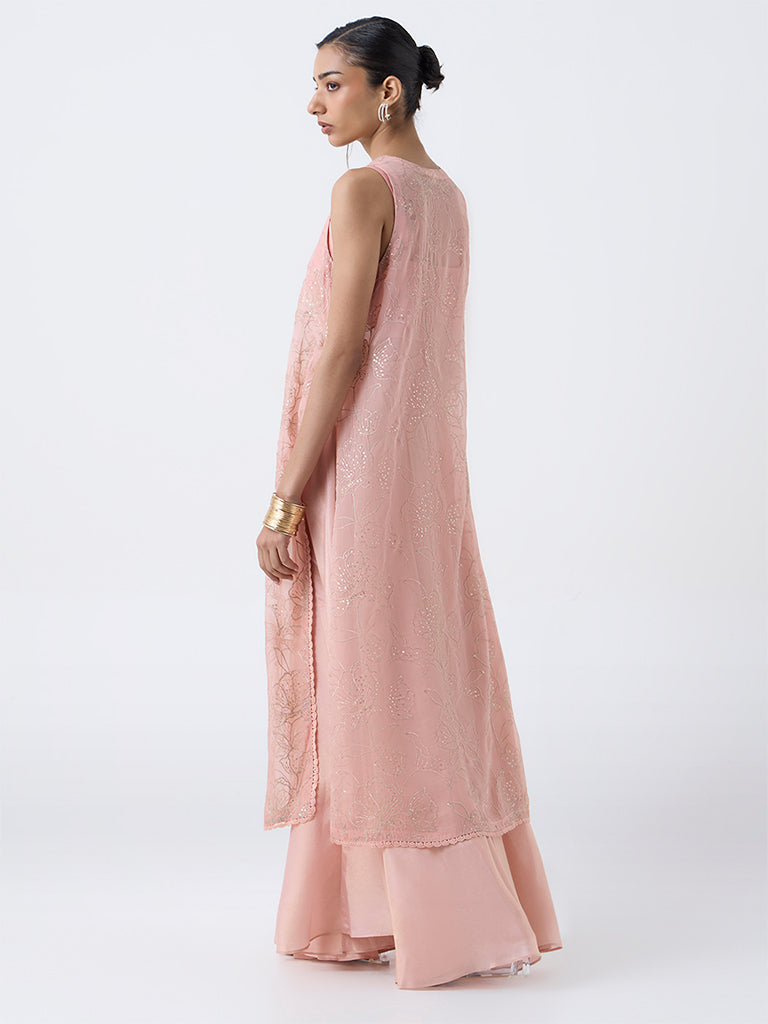 Vark Pink Floral Embroidered A-Line Kurta with Inner