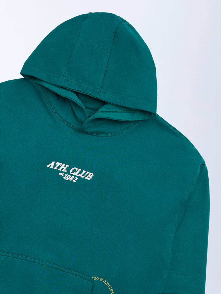 Boys Teal Text Printed Cotton Hoodie