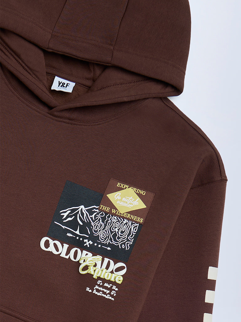 Boys Dark Brown Printed Cotton-Blend Hoodie