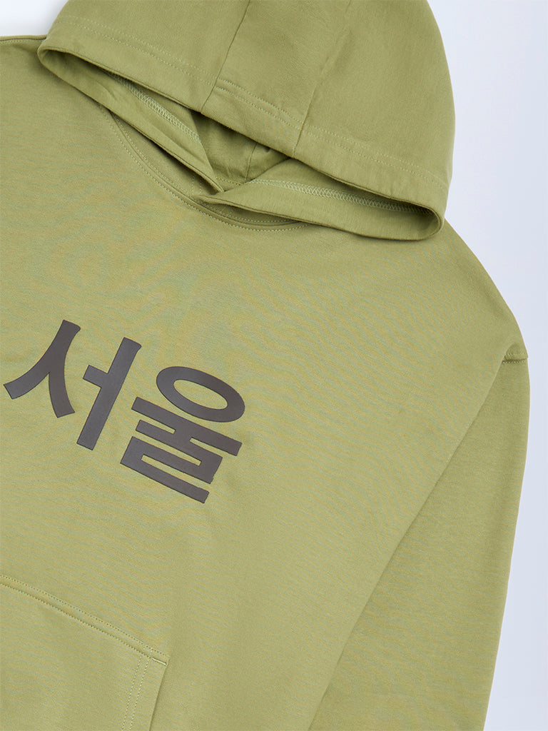 Boys Olive Anime-Inspired Cotton Hoodie