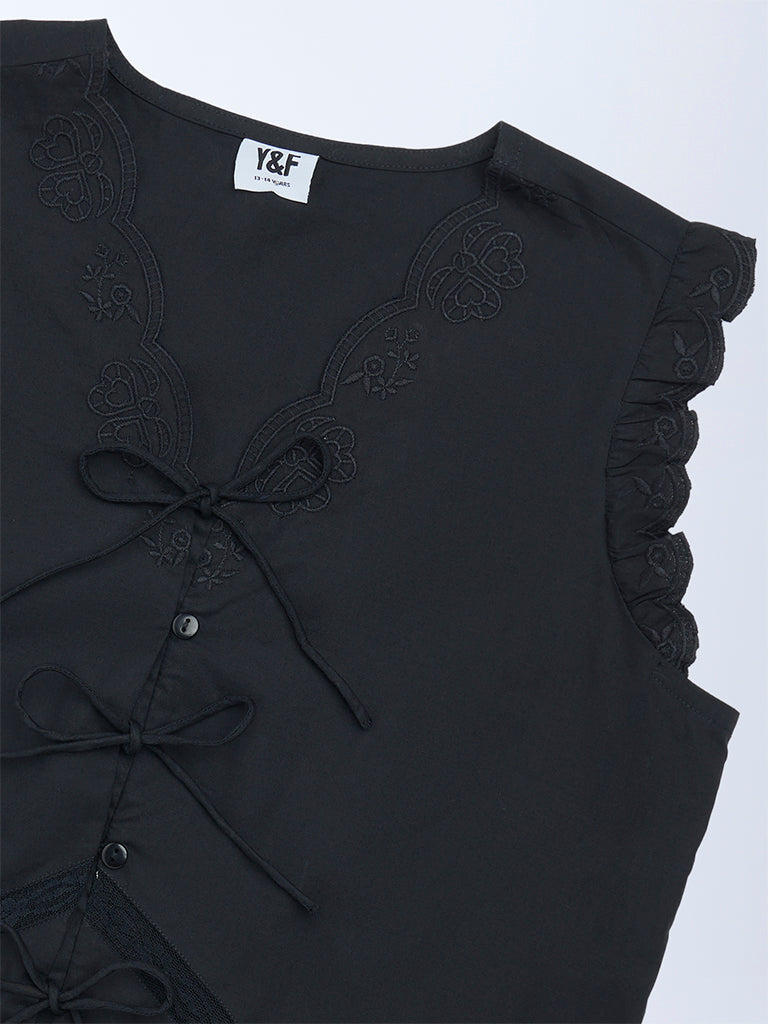 Girls Black Bow-Detailed Cotton Top