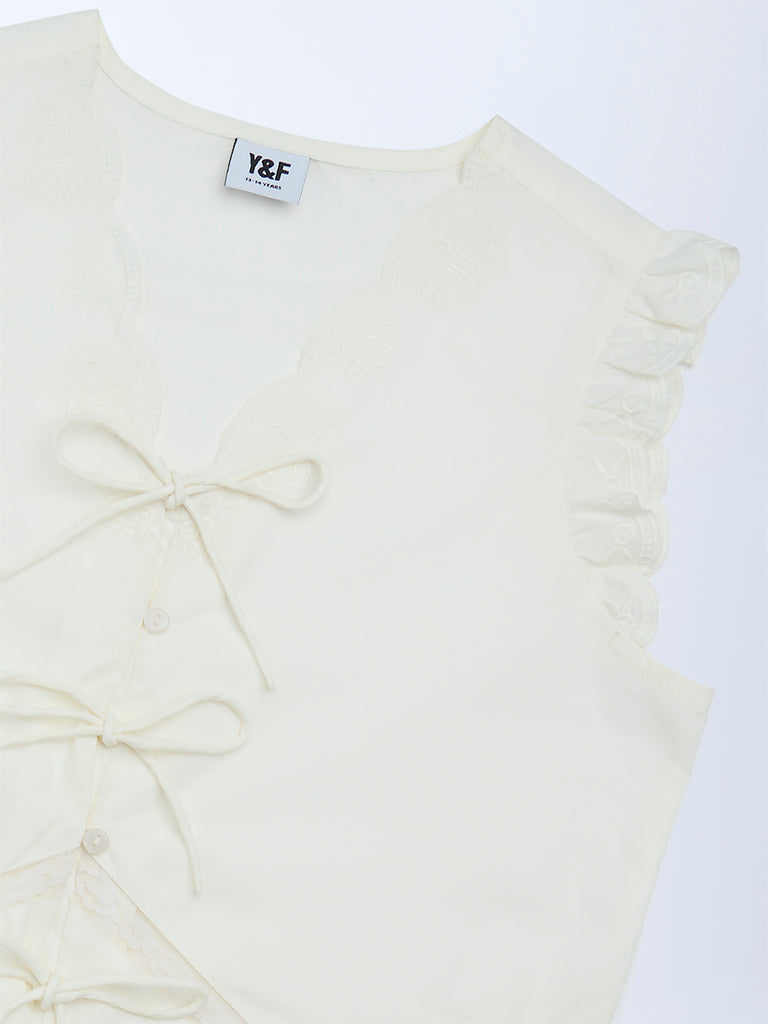 Girls Off-White Bow-Detailed Cotton Top