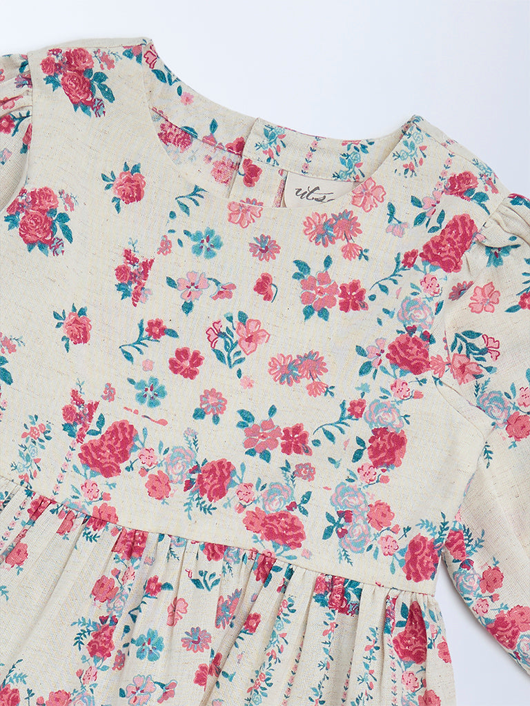 Utsa Kids Girls Off-White Floral Cotton-Blend Tiered Dress - (2 - 8yrs)