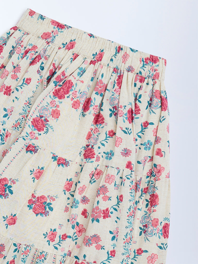 Utsa Kids Girls Off-White Floral Pattern Cotton-Blend Tiered Skirt - (2 - 8yrs)