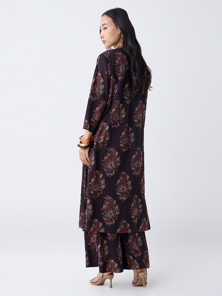 Utsa Black Boota Foliage Pattern A-Line Kurta