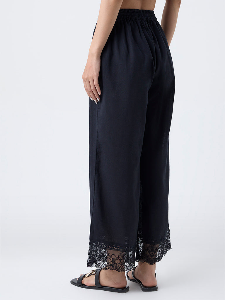 Utsa Black Lace-Detailed Cotton-Blend Ethnic Pants
