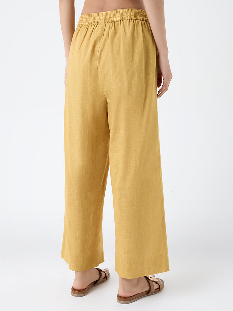 Utsa Mustard Floral Embroidered Cotton Pants