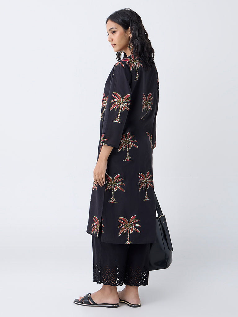 Utsa Black Nature-Inspired Cotton Straight Kurta