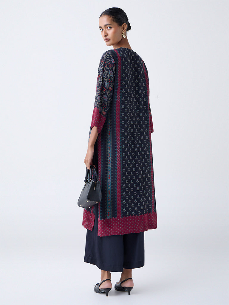Zuba Black Floral Pattern A-Line Kurta