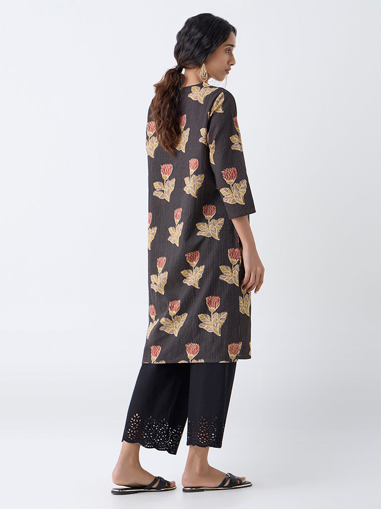 Utsa Black Floral Pattern Cotton-Blend Straight Kurta