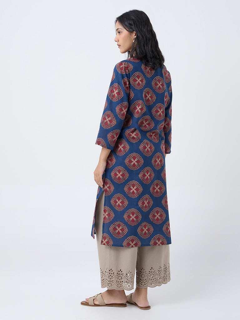 Utsa Indigo Floral Print Cotton Straight Kurta