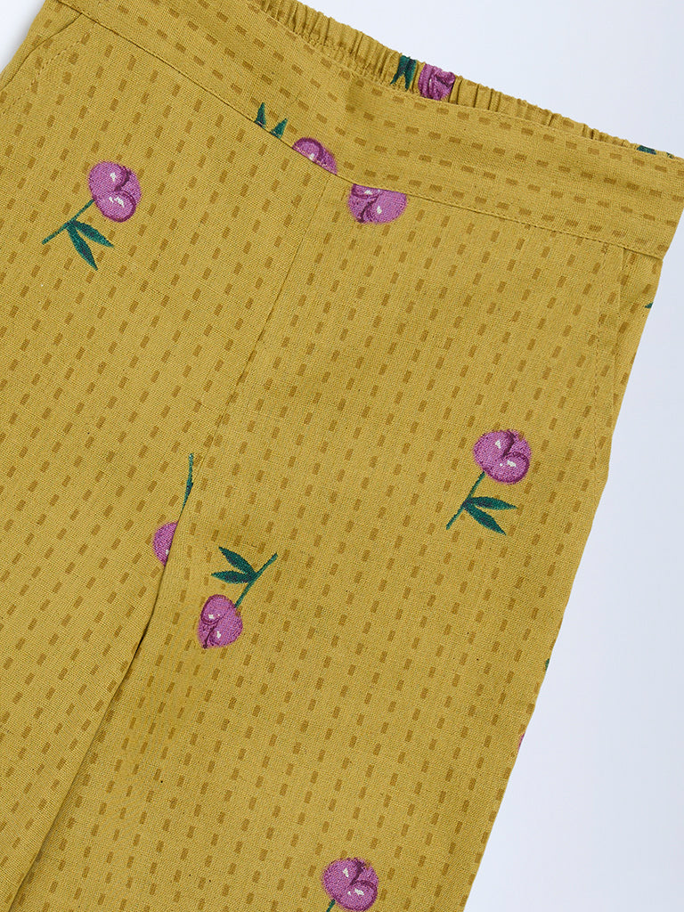 Utsa Kids Girls Mustard Floral Cotton-Blend Pants - (2 - 8yrs)