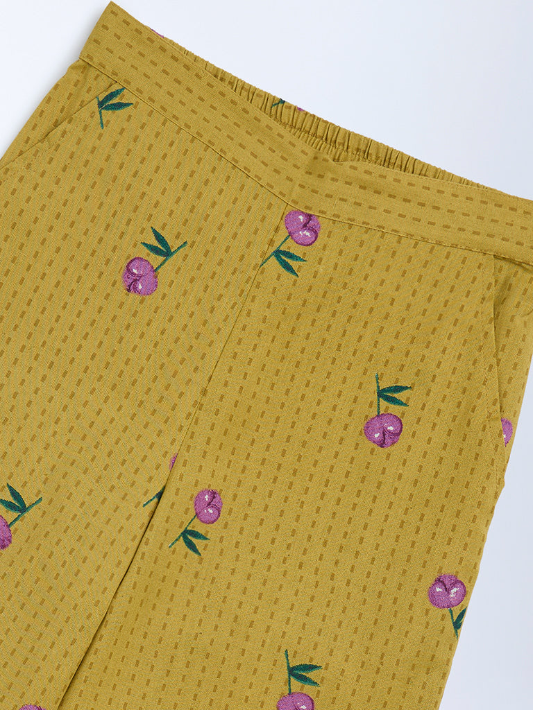 Utsa Kids Girls Mustard Floral Cotton-Blend Pants - (8 - 14yrs)