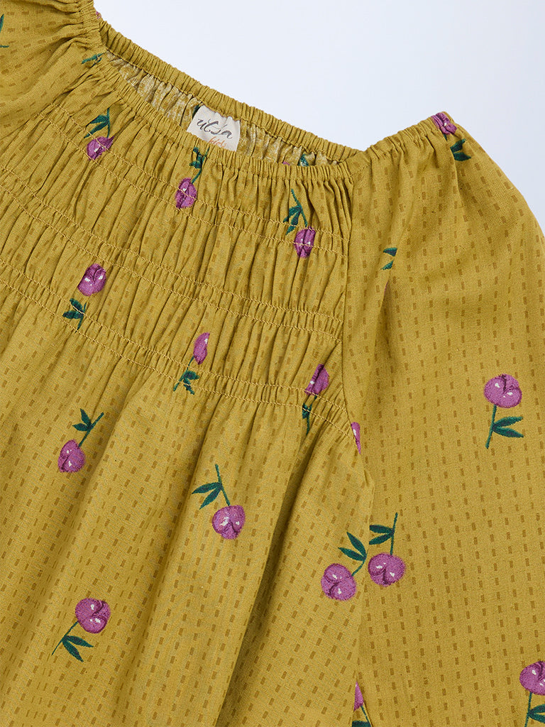 Utsa Kids Girls Mustard Floral Cotton-Blend Top - (8 - 14yrs)