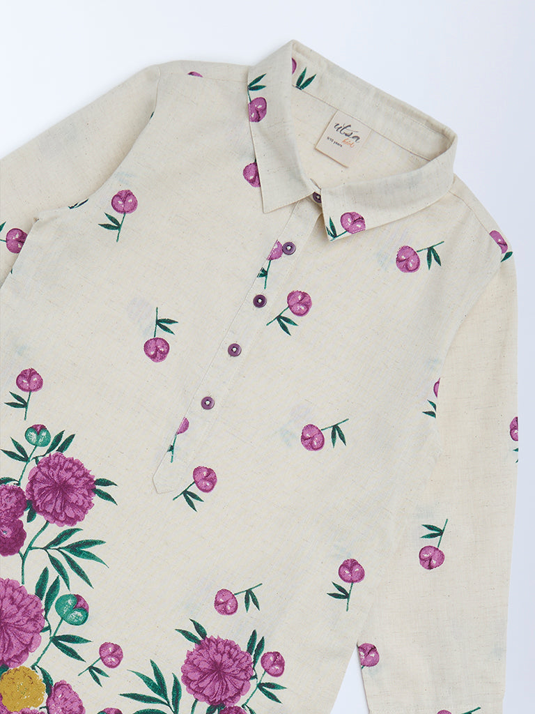 Utsa Kids Girls Off-White Floral Cotton-Blend Tunic - (8 - 14yrs)