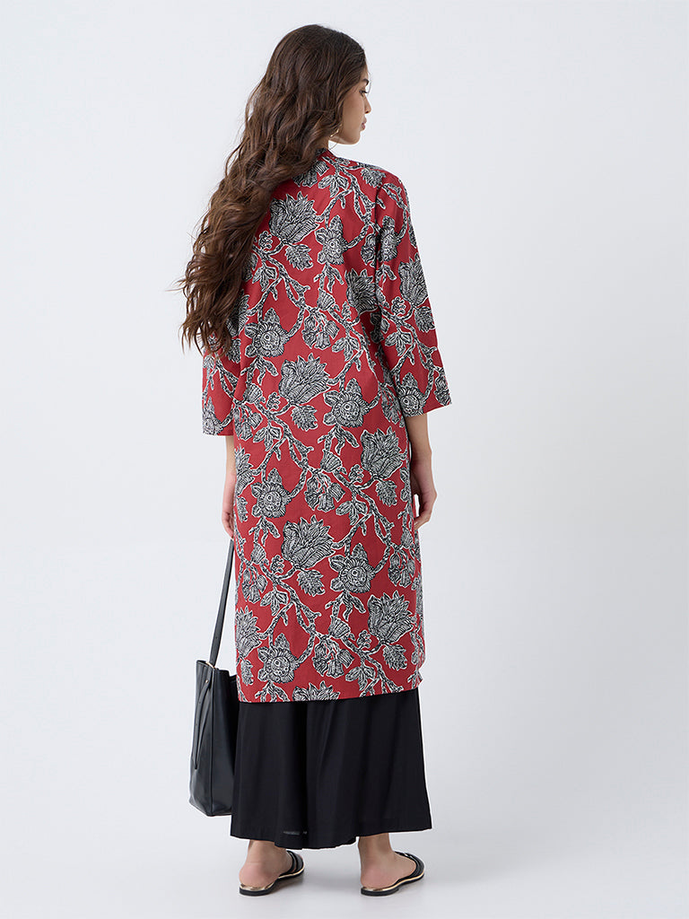 Utsa Maroon Floral Printed Cotton Straight Kurta