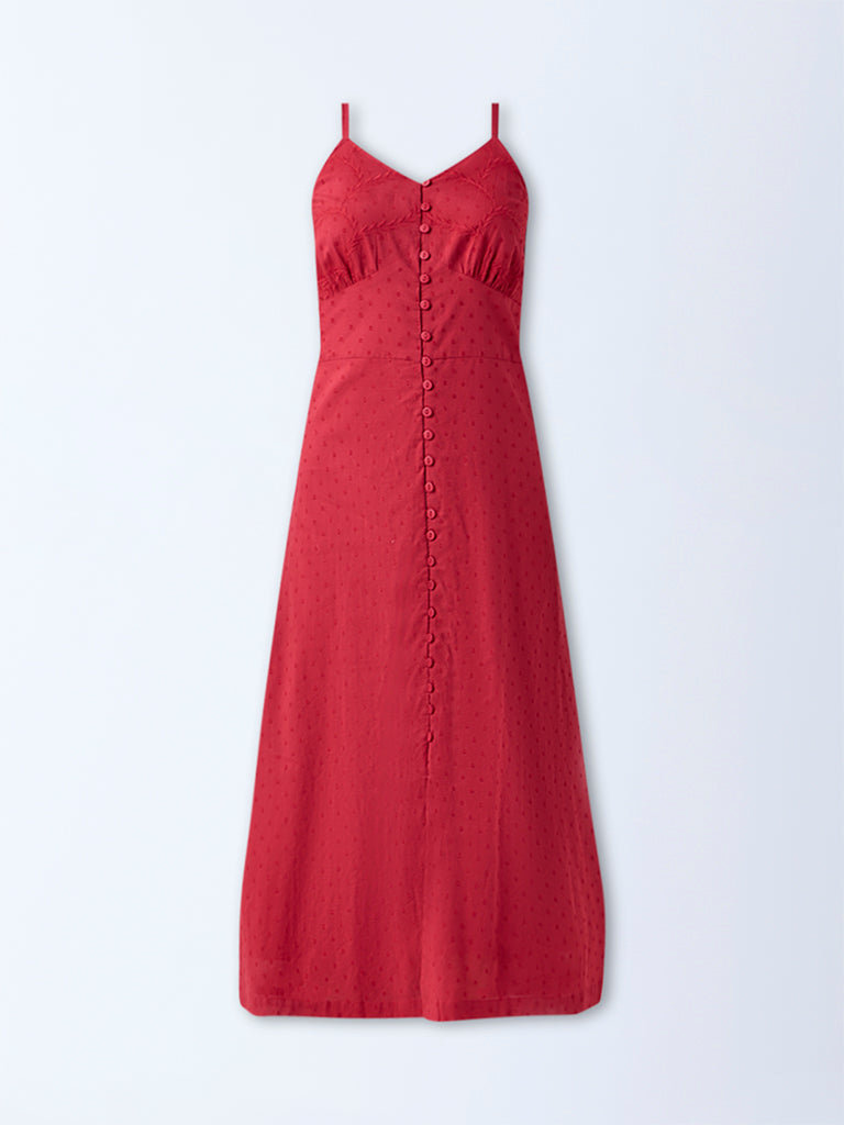 Bombay Paisley Red Embroidered Cotton A-Line Dress