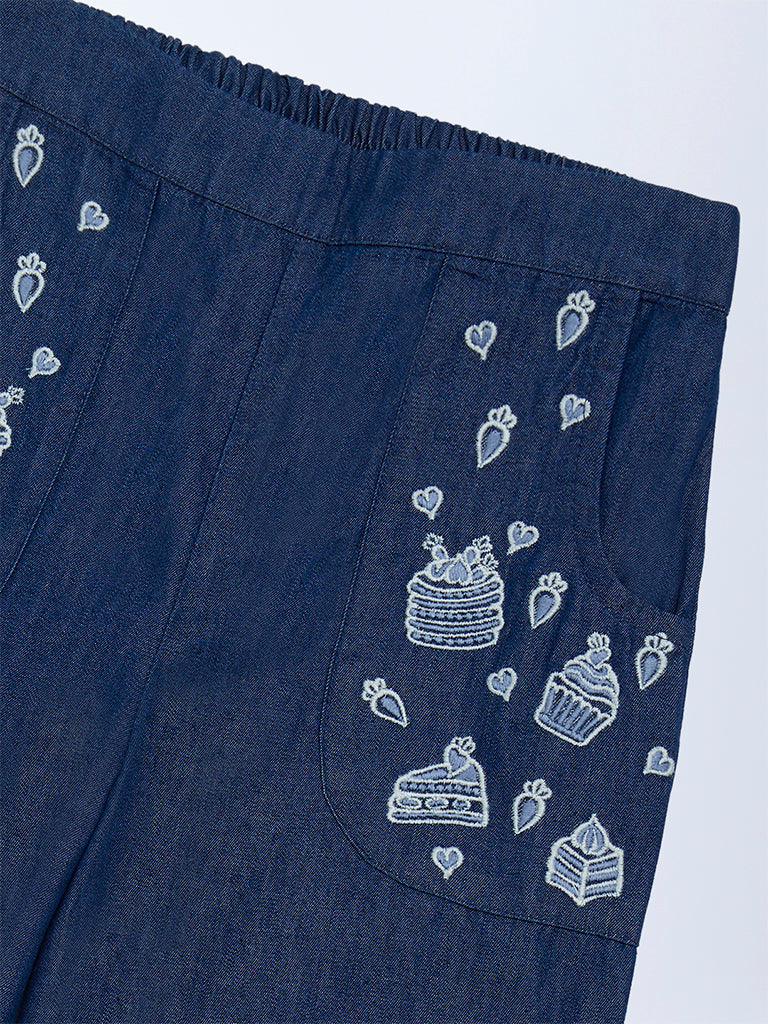 Utsa Kids Girls Navy Embroidered Denim Pants - (2-8 yrs)
