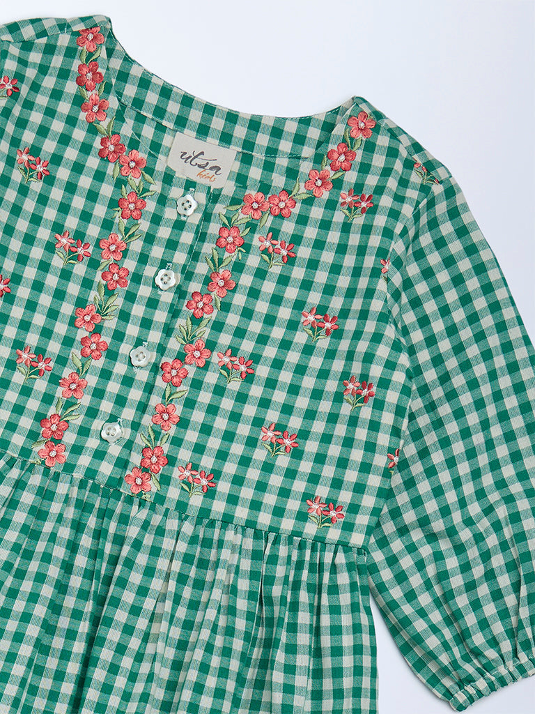 Utsa Kids Girls Green Gingham Checks Tiered Cotton Dress - (2-8 yrs)